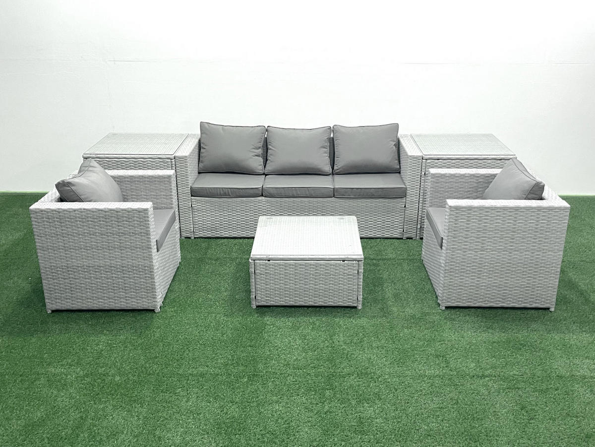 GARTENMÖBEL-SET mit Kissen Polyrattan Hellgrau-Mix 5-Sitzer - Hellgrau/Grau, Glas/Kunststoff - Fimous