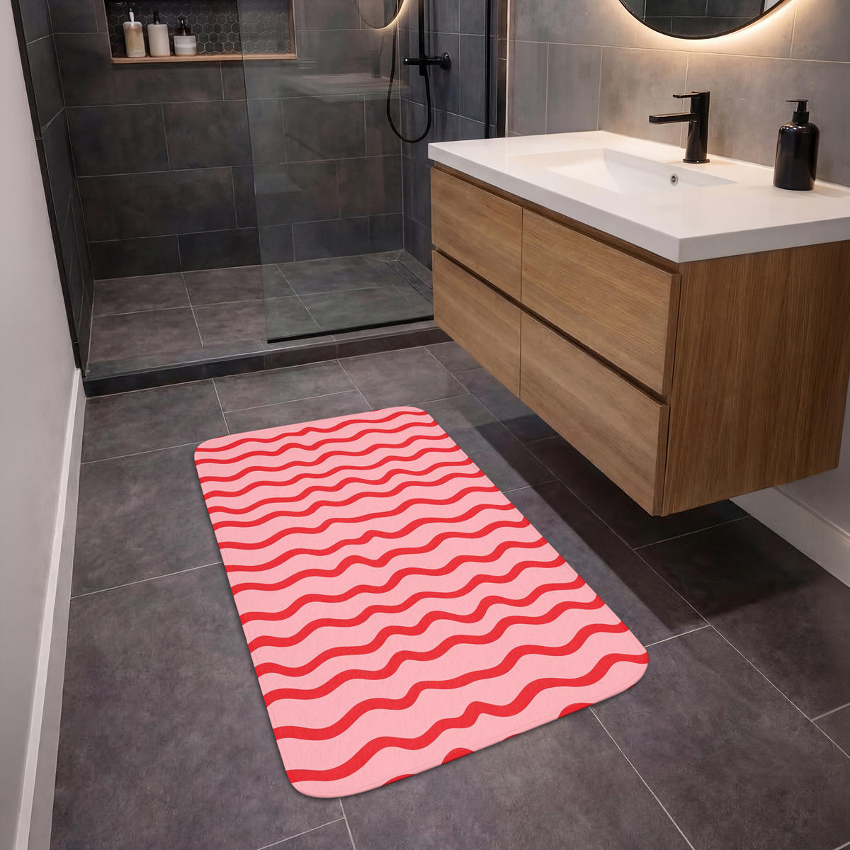 KÚPEĽŇOVÁ PREDLOŽKA Hravé - vzor - červená 60x90 cm - ružová, textil/plast (60/90cm) - OnlyWow