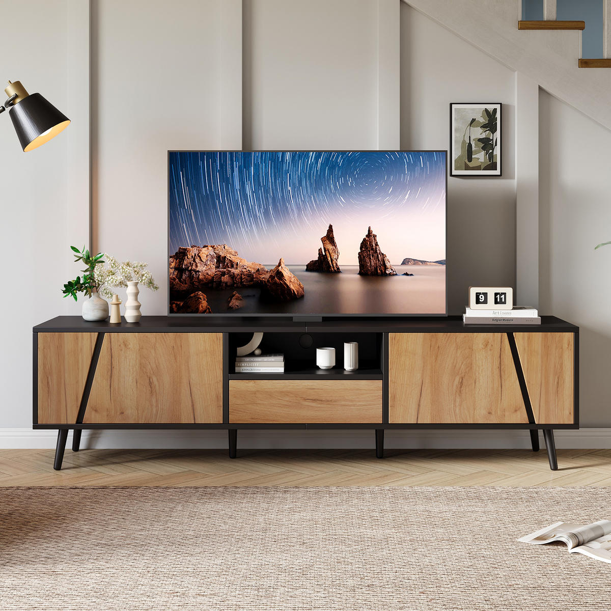 TV-RACK 180x40x46cm Holz-Schwarz Push-to-Open für 75-Zoll-Fernseher - Schwarz, Holz (50.8/12.07/64.77cm) - Raelunyi