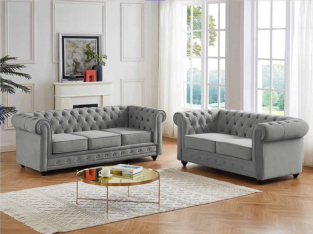 Thumbnail - Vente-Unique Couchgarnitur, Hellgrau, Textil, Uni, 5-Sitzer, 205x72x88 cm, Wohnzimmer, Sofas & Couches, Sofas, Chesterfi...
