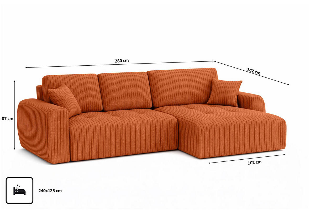 ECKSOFA Mit Schlaffunktion Und Bettkasten L-Form Ivo XL, Cordstoff Poso, Kupfer, Rechts - Orange, Holz (280/142cm) - Kaiser Möbel