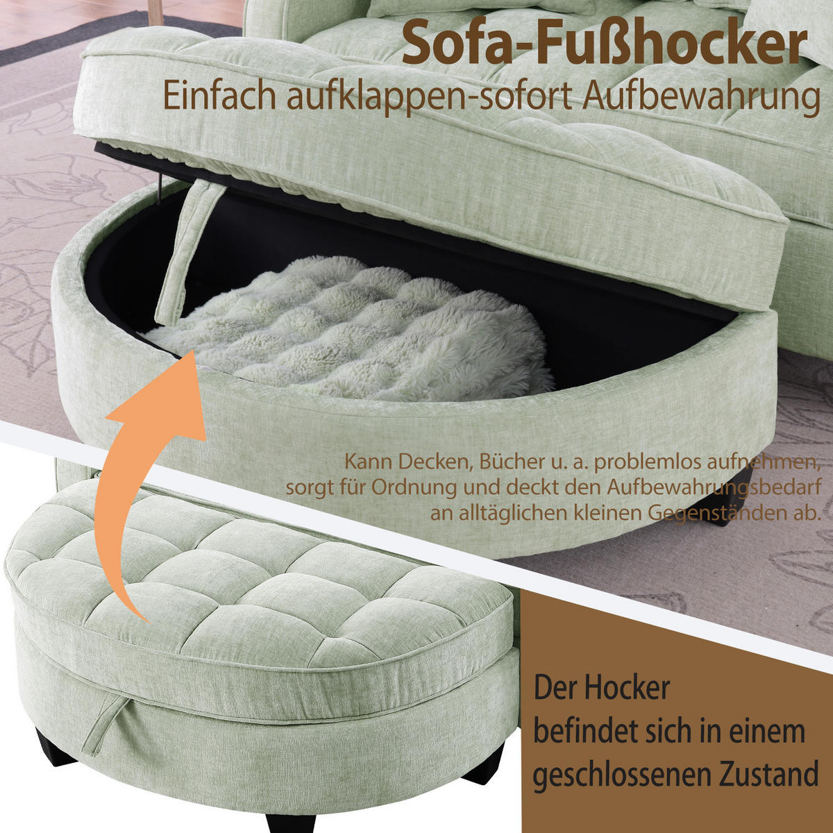 SCHLAFSOFA 2 in 1 Sofa mit Schlaffunktion,Hocker und Stauraum Stoffbezug Grün - Grün, Textil (129/93/132cm)