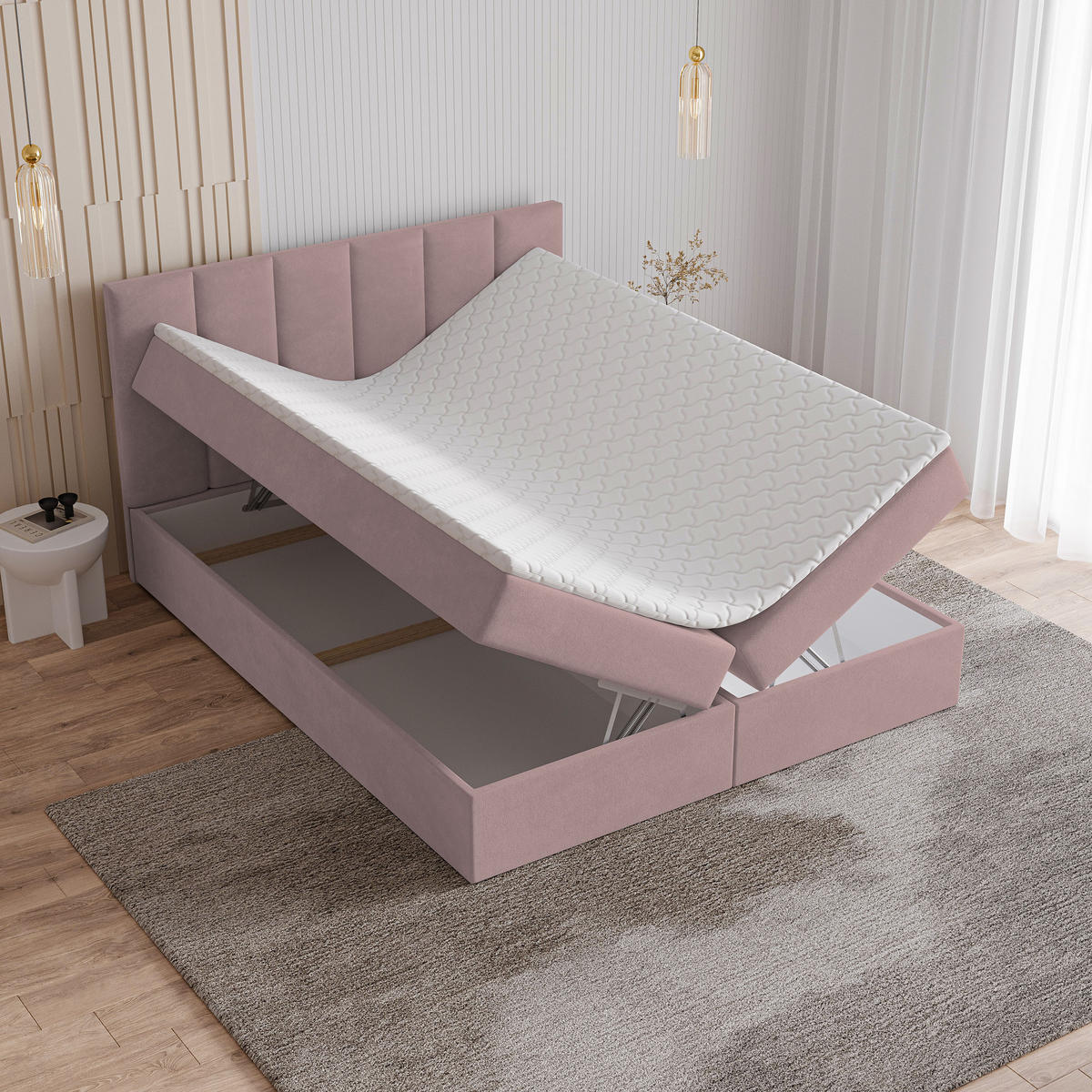 BOXBETT MERIL 140x200 cm mit Matratze und Topper - Rosa - Rosa, Holz (140/200cm) - MASSENO