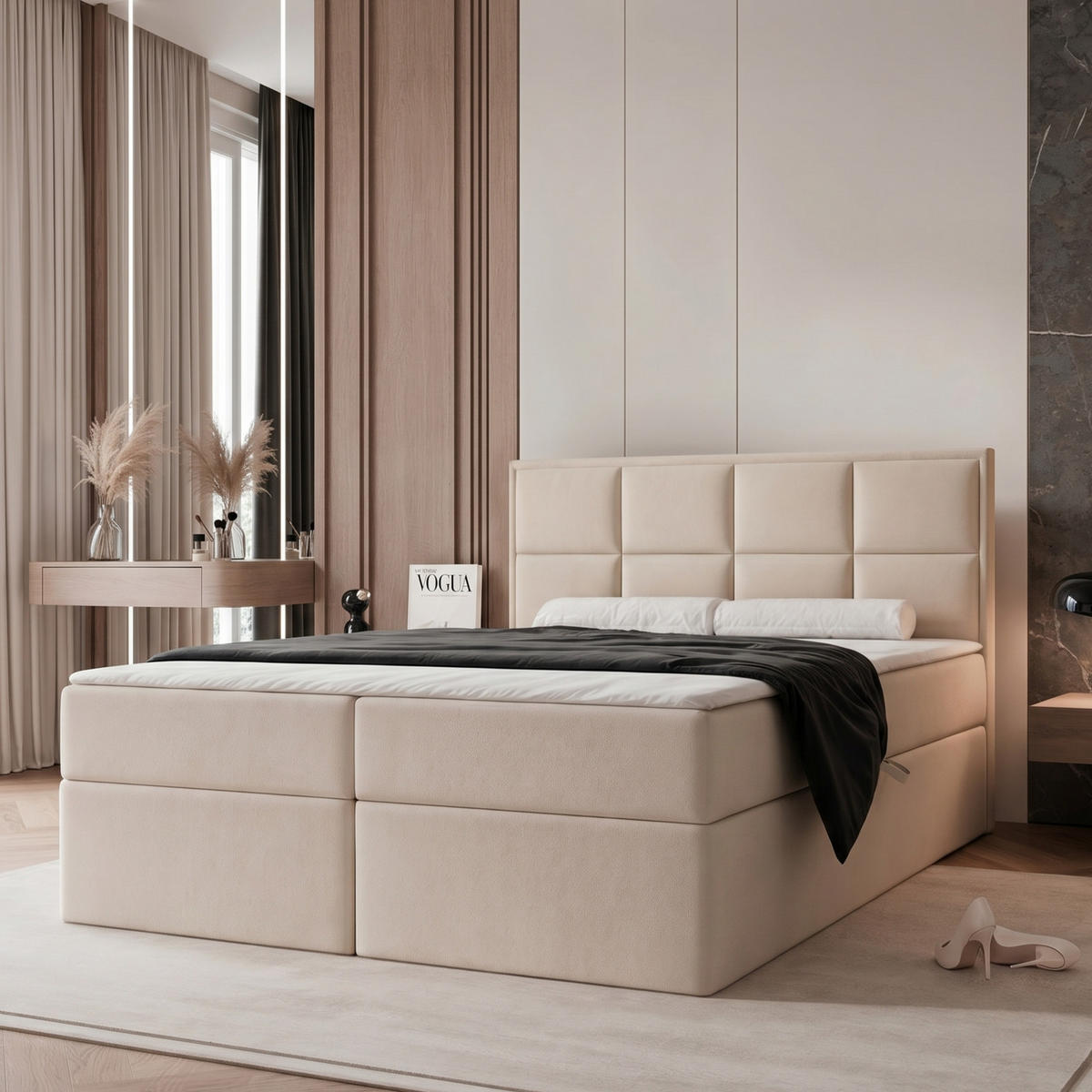 BOXBETT TIOLI 140x200 cm Cremeweiß (Stoff Magic Velvet) - mit Bettkasten, Bonellmatratze und Paneel-Kopfteil - Creme, Holzwerkstoff/Textil (140/200cm) - Ravio