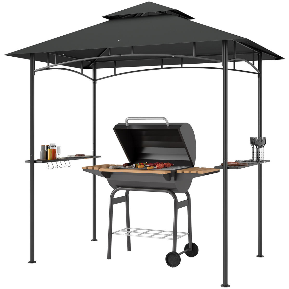 GRILLPAVILLON mit LED 240 x 150 x 258 cm wasserabweisend flammhemmend Gartenpavillon mit Doppelschichtdach - Dunkelgrau, Metall (240/258/150cm)