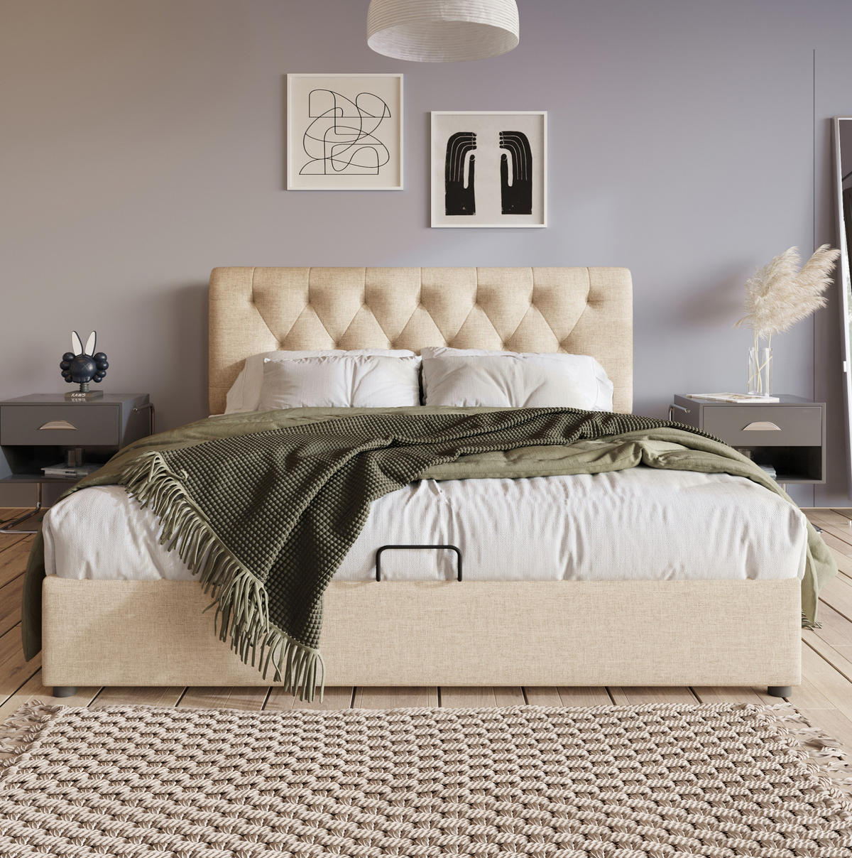 POLSTERBETT 160/200 cm Naturfarben mit verstellbarem Kopfteil und Stauraum mit Matratze - Naturfarben, Textil (160/200cm) - OKWISH
