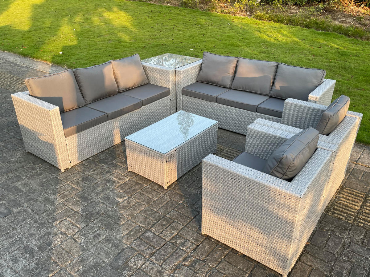 GARTENSOFA SET mit Couchtisch Polyrattan Helles Grau 8-Sitzer - Hellgrau, Metall - Fimous