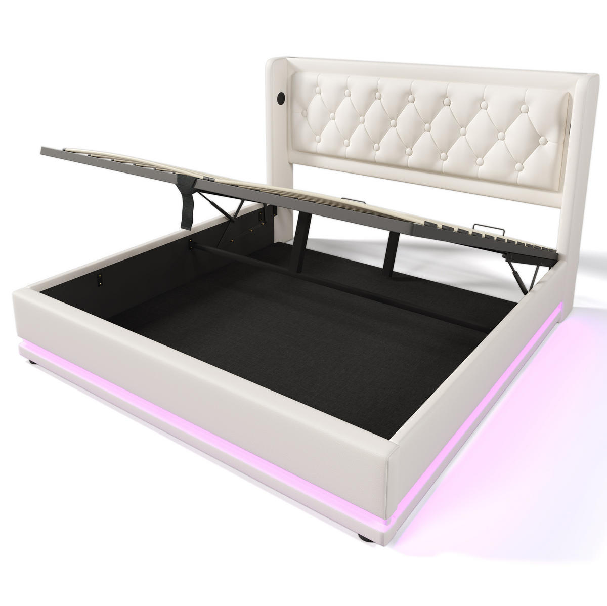 BETT mit Bettkasten USB & LED 180x200 cm PU Weiß - Weiß, Metall (180/200cm) - Meubliv