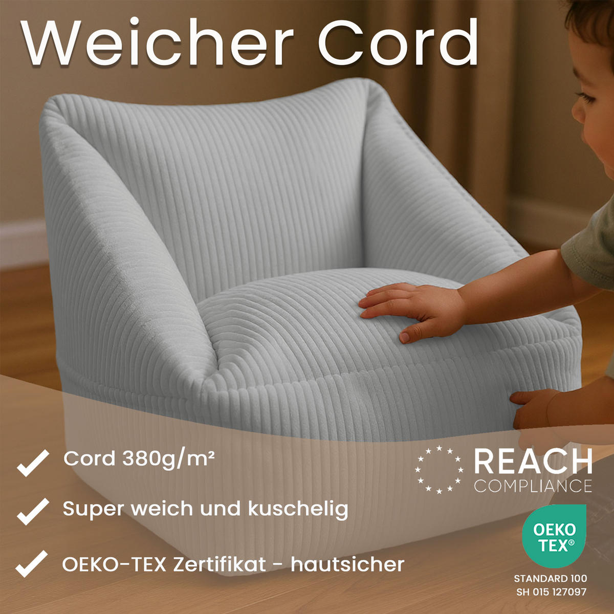 SITZSACK-SESSEL Bambino 55/60/55 cm, weicher Bouclé 315 g/m², mit Griff & Seitentasche, Hellgrau - Hellgrau, Textil (55/55/60cm) - Dreamroots