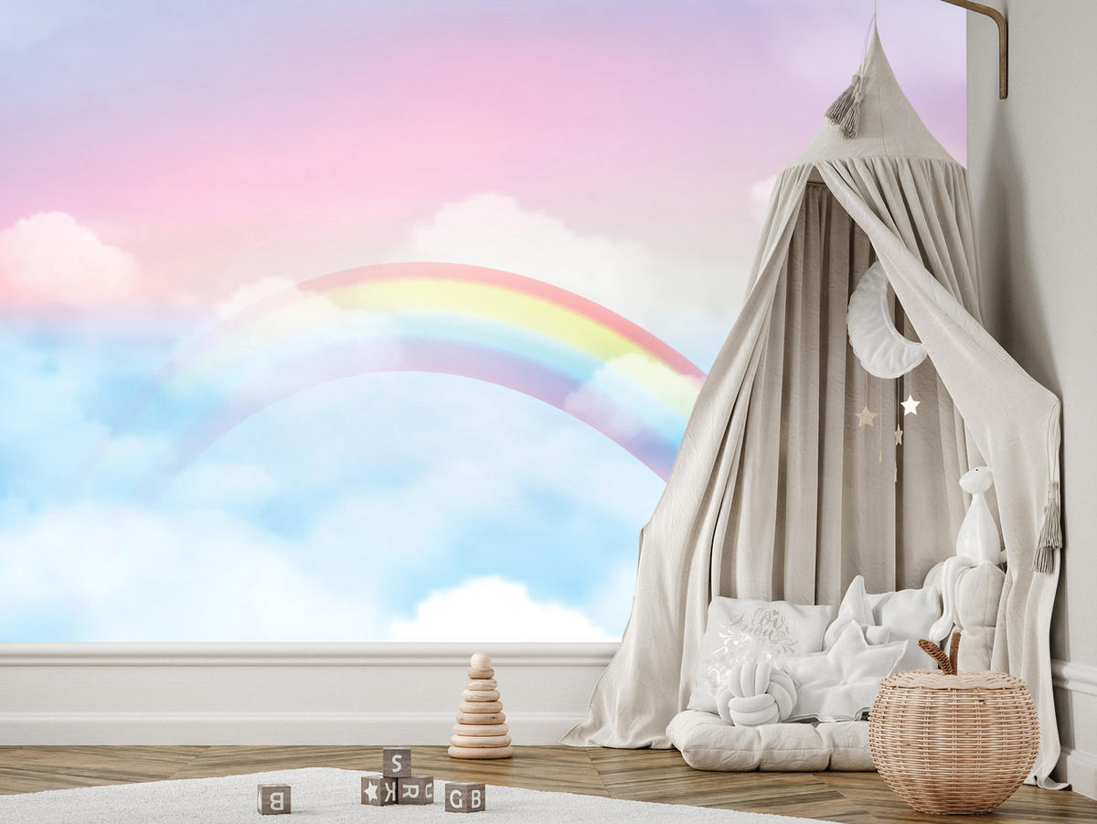 FOTOTAPETE für Schlafzimmer Regenbogen Rosa Himmel Wolken 500x350 - Blau/Gelb, Papier (500/350cm) - Muralo