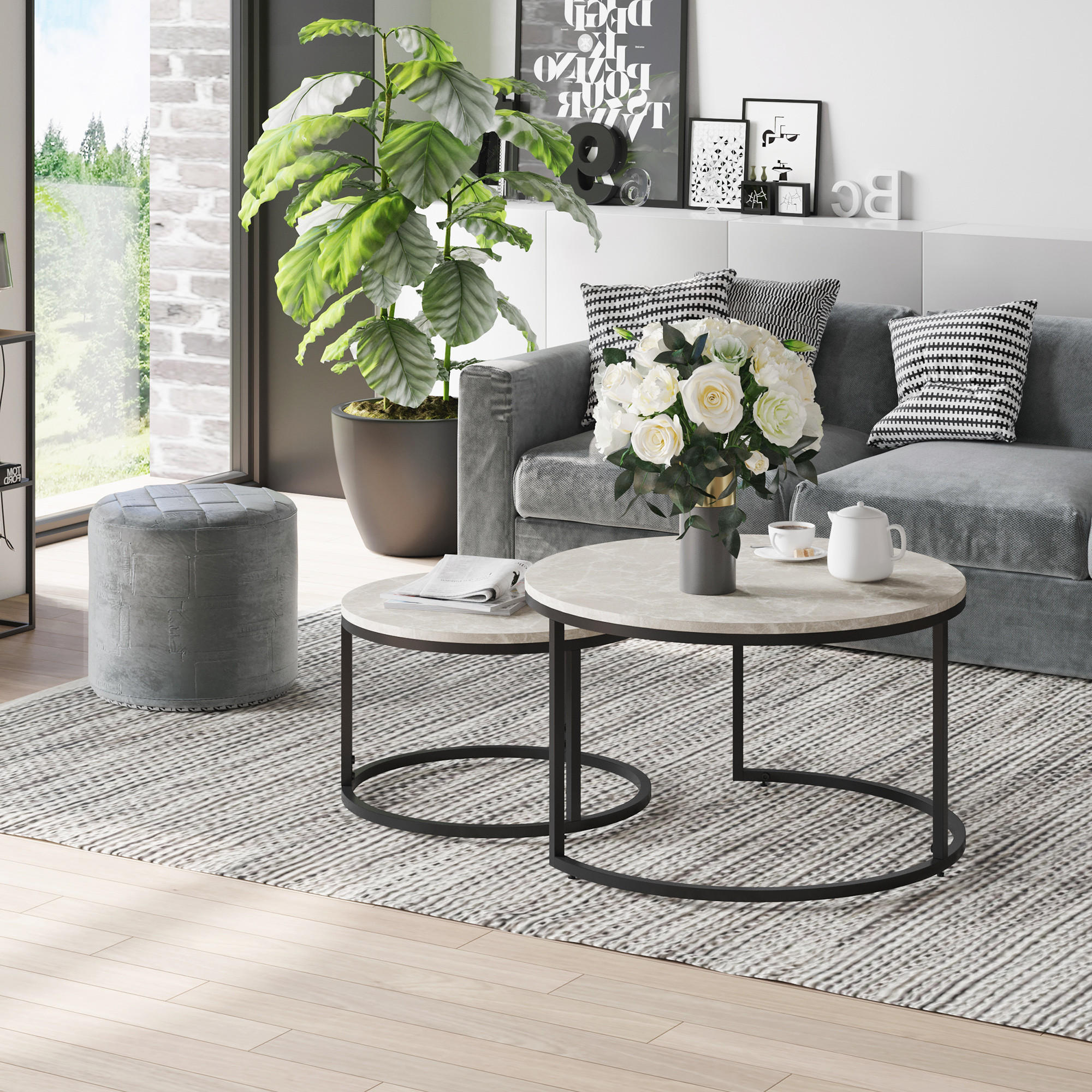 COUCHTISCH-SET, MDF, Hellgrau - Hellgrau/Schwarz, Kunststoff (78.5/78.5/46.5cm) - HOMCOM