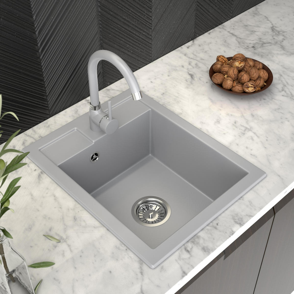 GRANITSPÜLE Best Mit Batterie und Siphon - Grau, Kunststoff/Stein (40/16/50cm) - Granitan