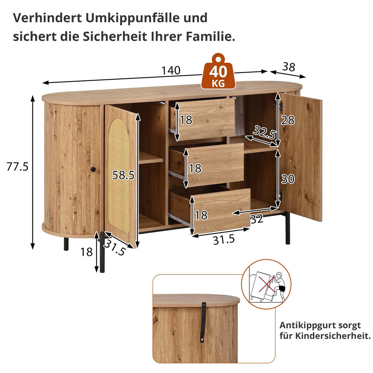 SIDEBOARD Rattan Holzoptik Schiebetüren Metallbeine - Naturfarben, Holzwerkstoff (38/77.5/140cm) - FLIEKS