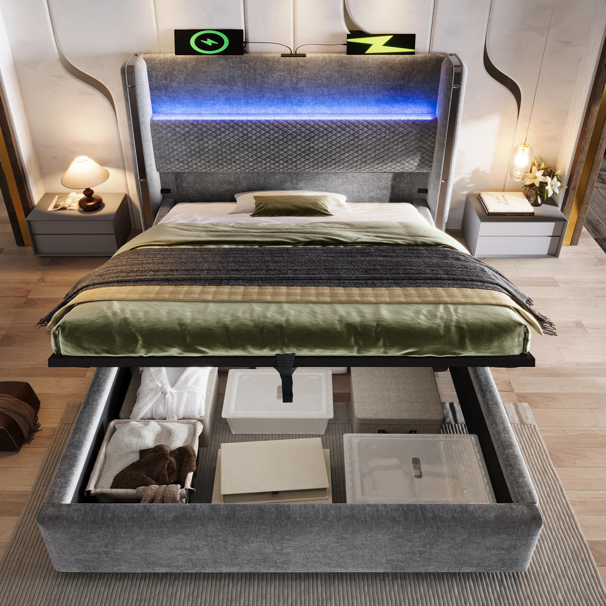 POLSTERBETT 90/200 cm mit hydraulischem Bettkasten, LED-Kopfteil & USB/Type-C, grau - Grau, Textil (90/200cm) - Redom