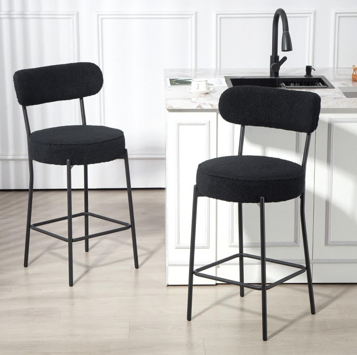 BARHOCKER 2er-Set mit Fleece-Bezug, gepolstertem Sitz und Fußstütze, Schwarz - Schwarz, Metall (49/95/52cm) - MIVRAY