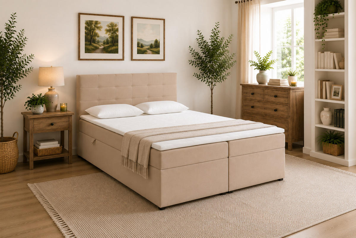 BOXBETT VELLIS mit Topper und Bettkasten, Creme, 140x200 cm - Creme, Textil (140/200cm) - KS Home Concept