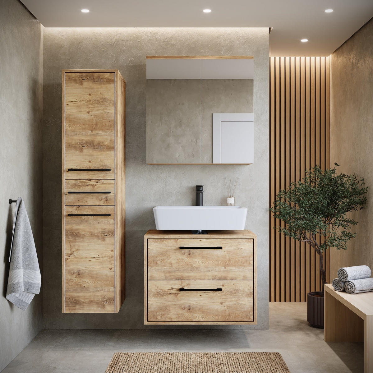 BADMÖBEL-SET Florence 3 Teile Kastanien Eiche - 60 x 35 x 47 cm - Eichefarben, Holz (60/47/35cm) - Badplaats