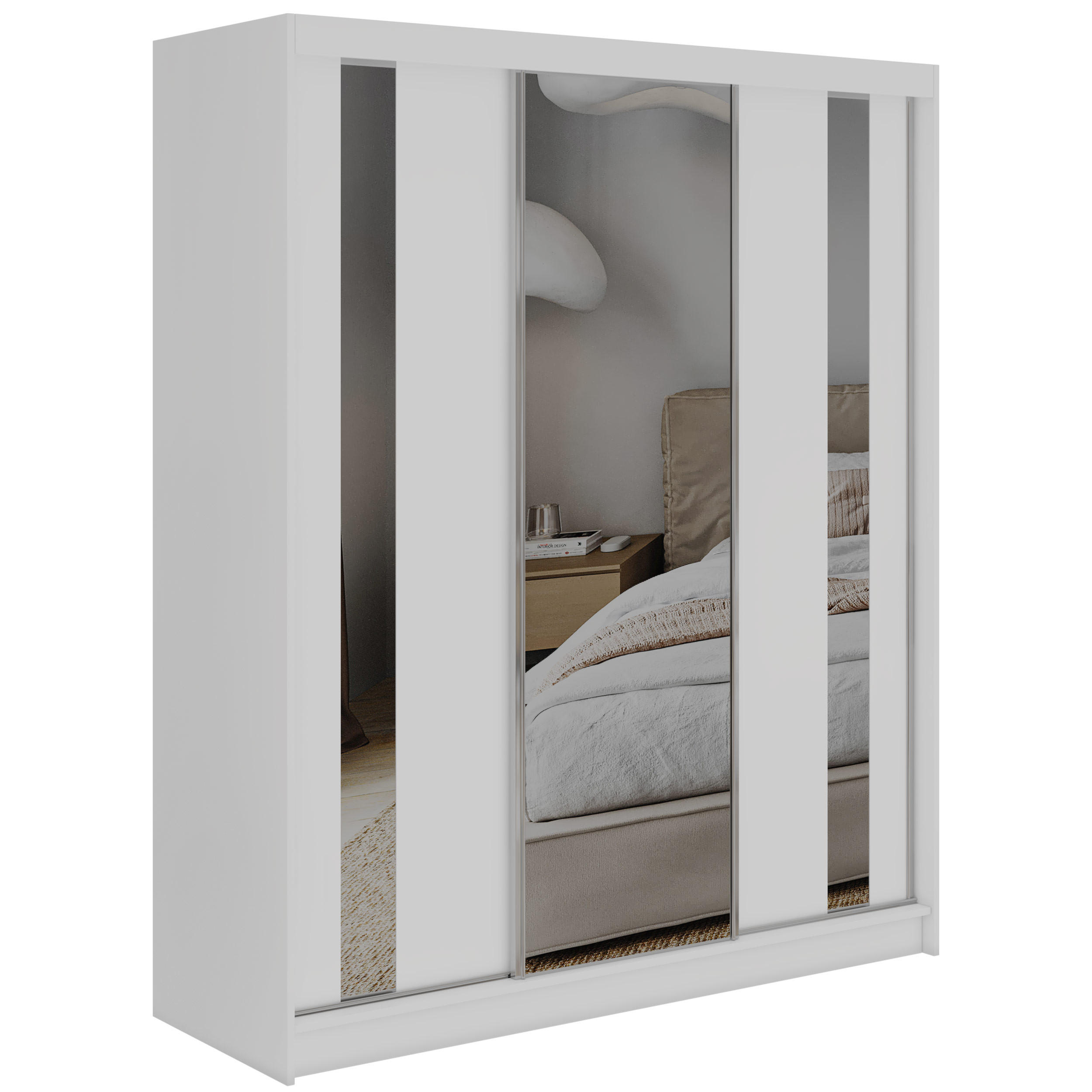 SCHWEBETÜRENSCHRANK mit Schubladen 180 - GRECJA - Weiß mit Spiegel - Alufarben/Weiß, Holzwerkstoff/Metall (180/216/61cm) - MKS