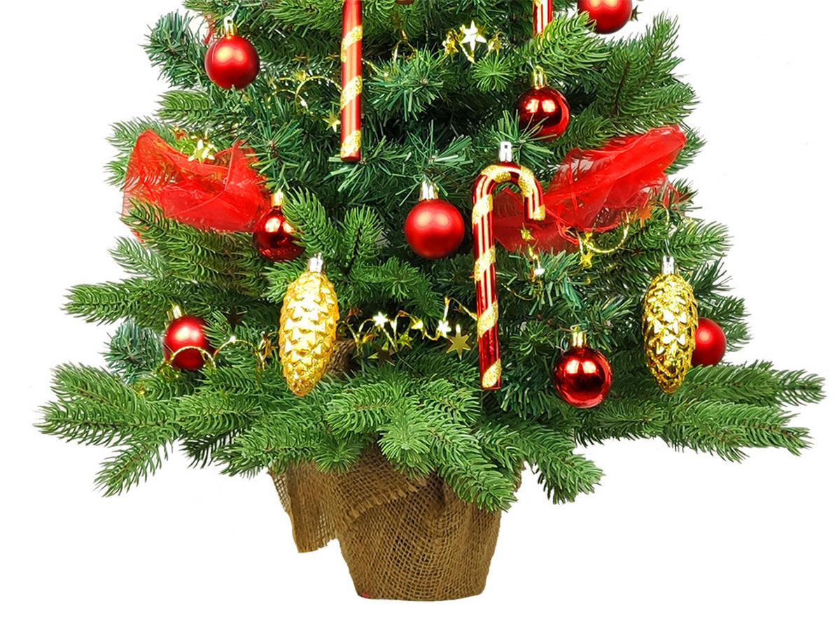WEIHNACHTSBAUM künstlicher 60 cm mit LED-Beleuchtung, SANTA CLAUS, mit 29 Weihnachtsbaumschmuck, Pflanztopf mit Jutesack - Rot/Goldfarben, Kunststoff/Stein (40/60cm) - LAALU