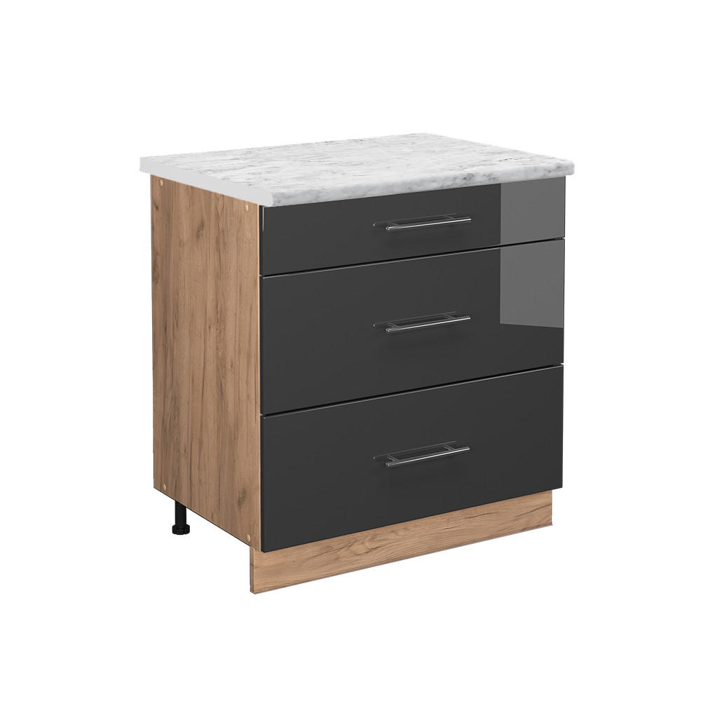 KÖKSUNDERSKÅP Fame-Line Antracit högblank 80 cm med 3 lådor, AP marmor Svart högglans, Honungsek 82/80/60 cm