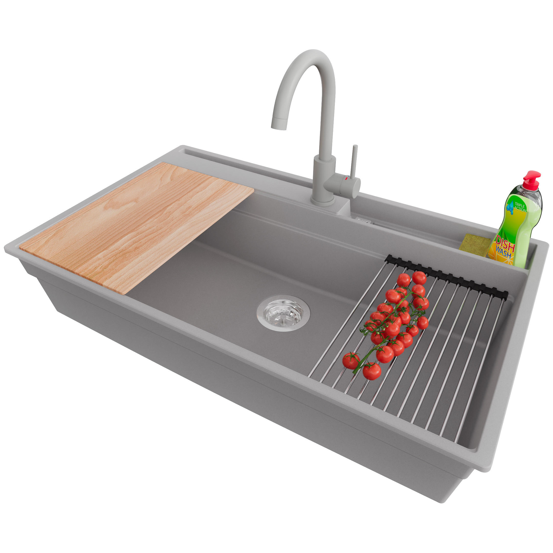 GRANITSPÜLE Oslo, 3-er set Grau 88/53 cm, 1 Becken + Küchenarmatur 32/20 cm + Ablauf-Set ab 90er Unterschrank - Chromfarben/Beige, Kunststoff (88/20/53cm) - Primagran