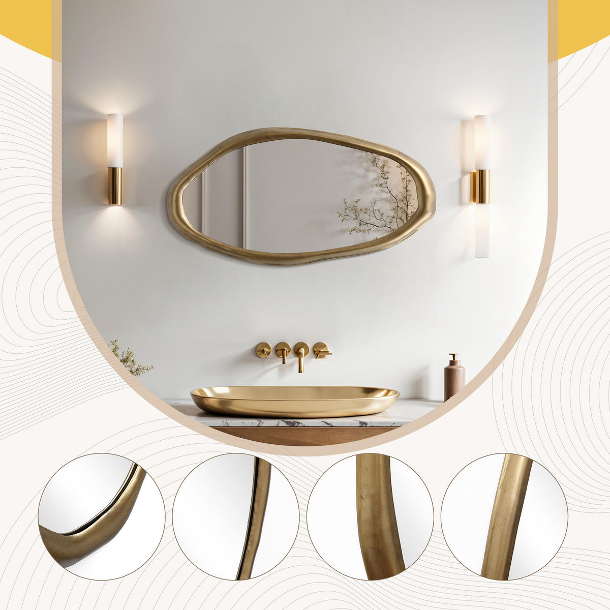 OVALER Wandspiegel 75 cm x 40 cm – Goldener Metallrahmen Geeignet für Wohnzimmer, Schlafzimmer, Badezimmer und Flur - Goldfarben, Glas (40/2.5/74cm) - Hometopia