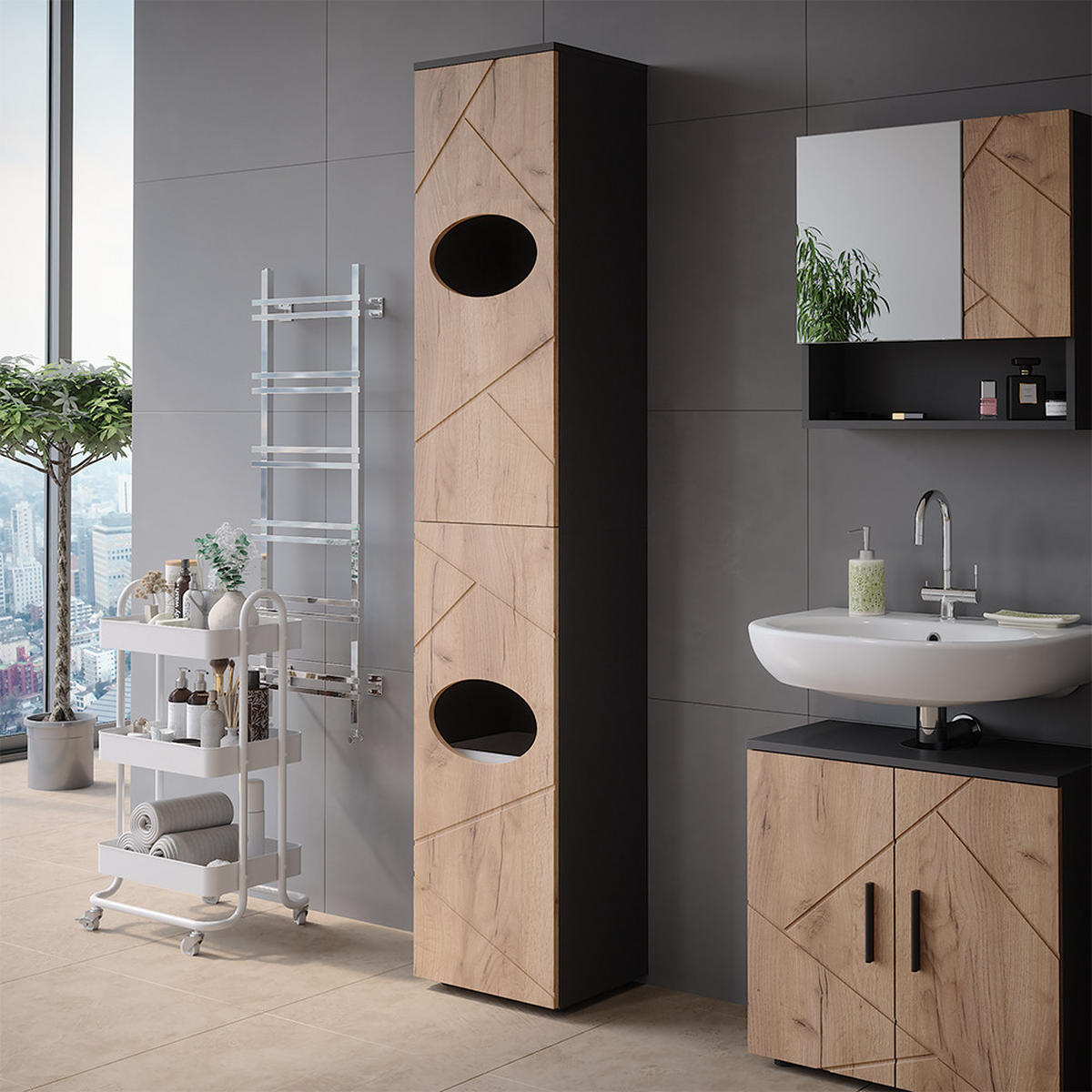 WÄSCHESCHRANK Irma Anthrazit/Goldkraft Eiche 37.2 x 192 cm - Anthrazit/Eiche Wotan, Holzwerkstoff (37.2/192/32cm) - Vicco