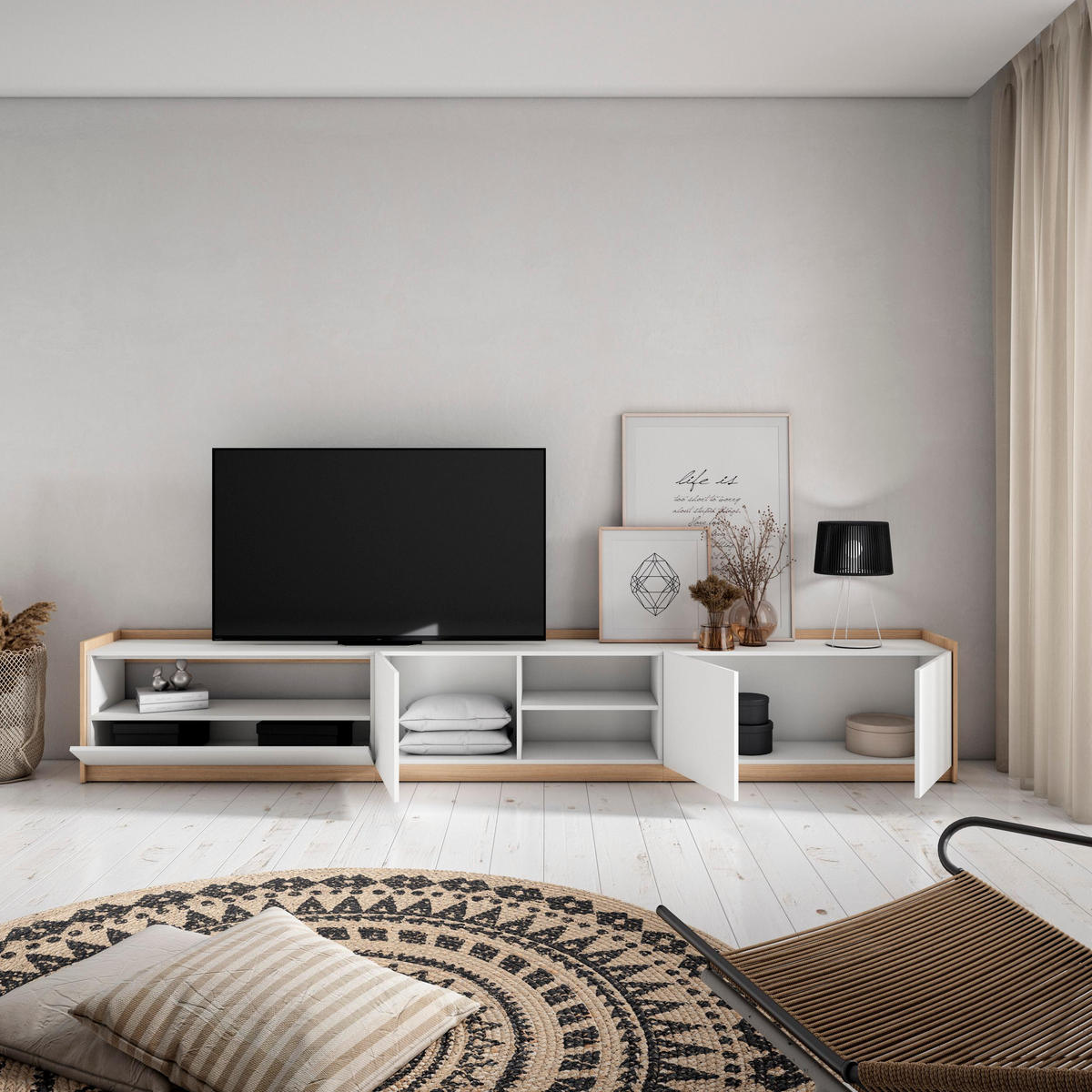 TV-SCHRANK, Lowboard, Weiß und Eiche Soft, 310/37/50cm - Weiß, Holzwerkstoff (310/50/37cm) - Skraut Home