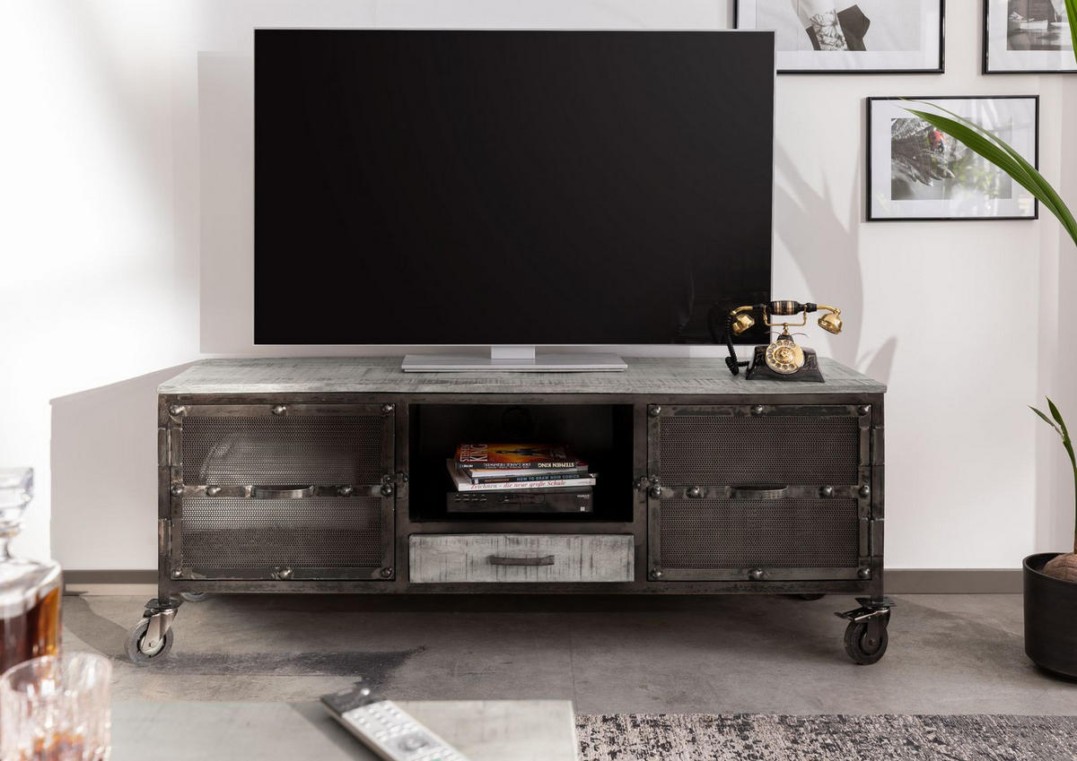 TV-BOARD Mango 150x40x60 grau lackiert HEAVY INDUSTRY #119 - Grau, Holz (150/60/40cm) - Massivmoebel24