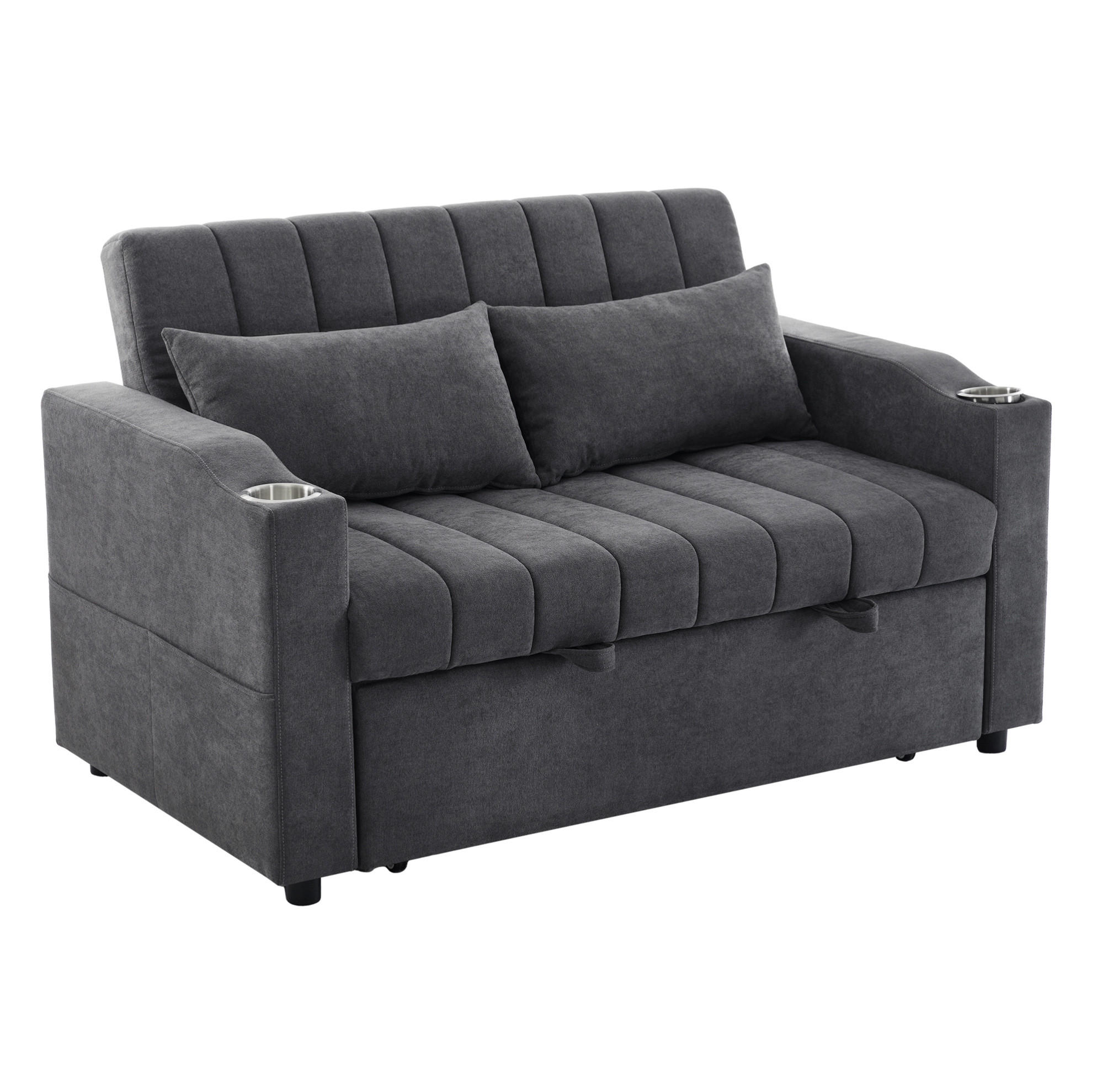 SCHLAFSOFA aus Baumwoll-Leinenstoff 136x162x84 cm Grau mit verstellbarer Rückenlehne, Getränkehaltern und Seitentaschen - Grau, Textil (162/84/136cm) - Modfu