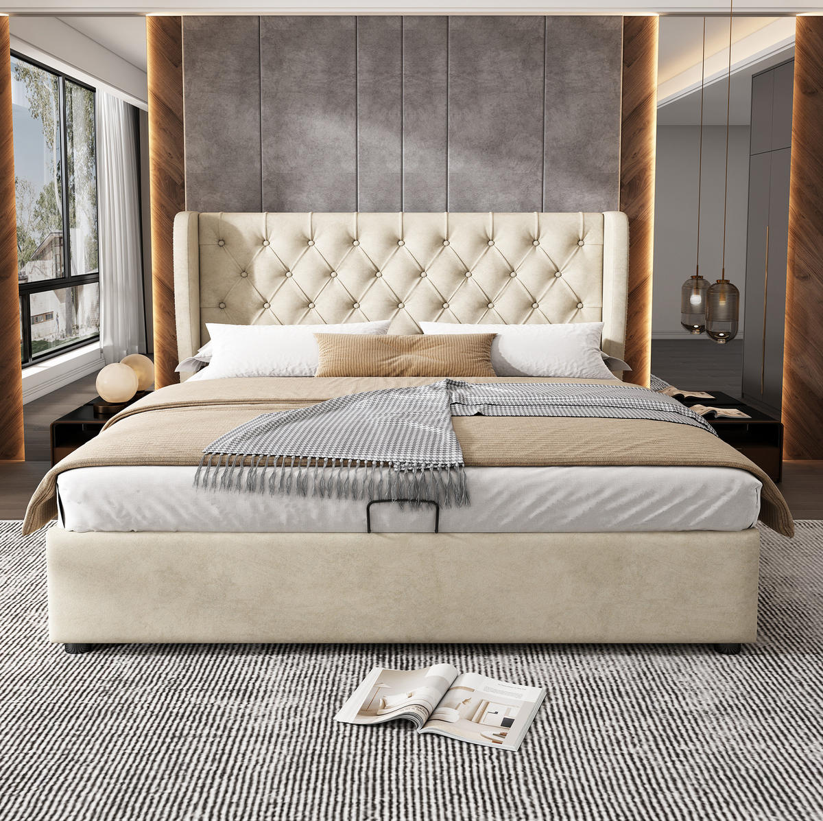 POLSTERBETT 160/200 cm Beige mit hydraulischem Bettkasten und Samtbezug - Beige, Textil (160/200cm) - OKWISH