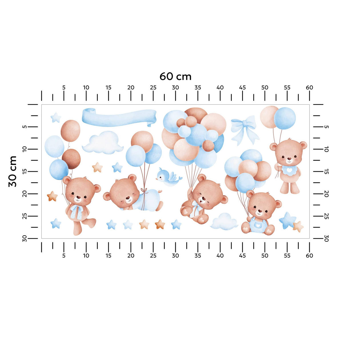 WANDSTICKER Teddybären Ballons Sterne Wolken 60x30 - Beige/Braun, Papier (60/30/1cm) - Muralo