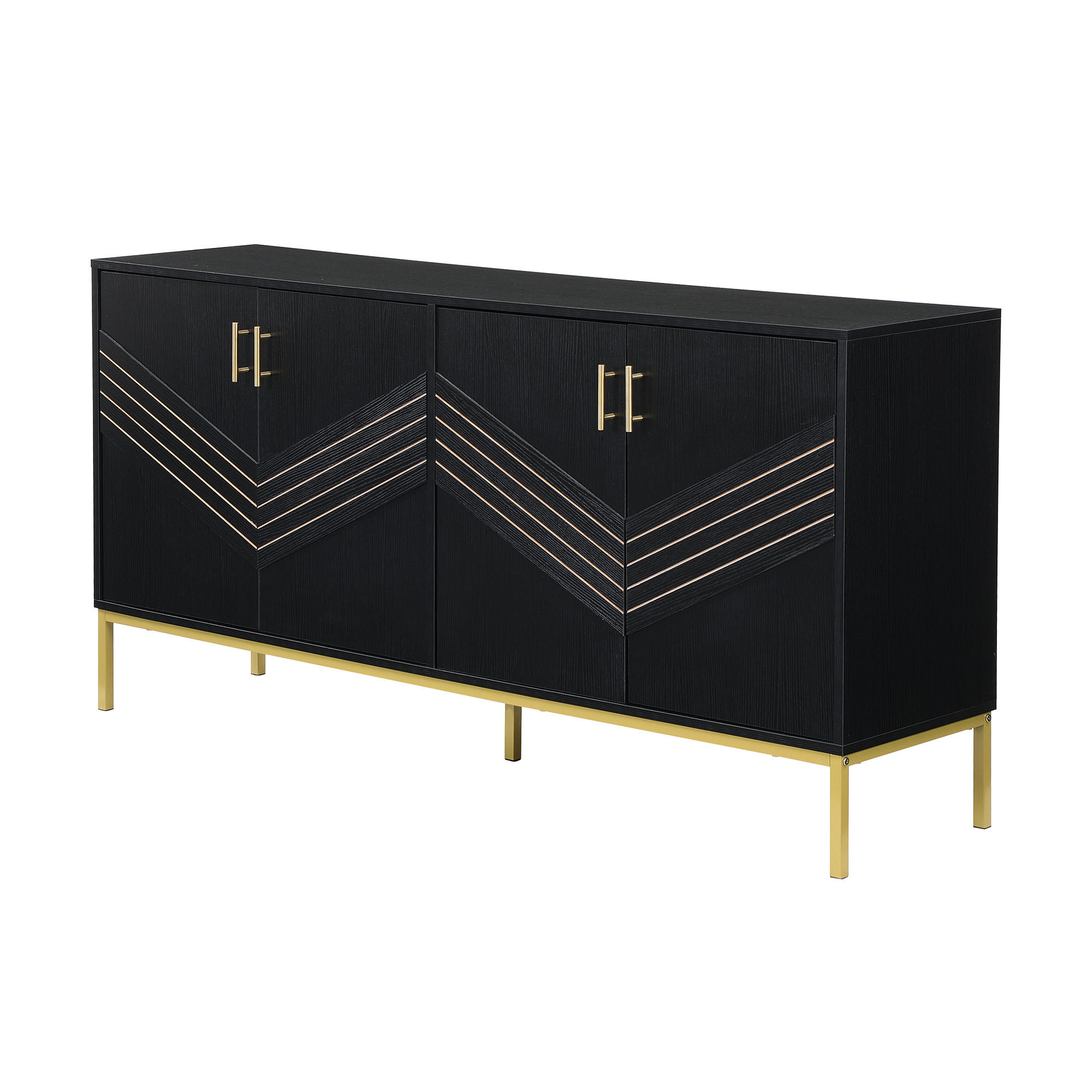 SIDEBOARD Schwarz-Gold, 4 Türen, Metallfüße, für Wohnraum - Schwarz, Holz (160/80/40cm)
