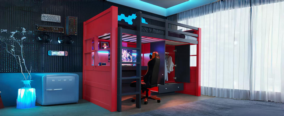 HOCHBETT 90/200 cm in Schwarz & Rot mit LED, Steckdosen, Schreibtisch, Kleiderschrank, Schubladen, Leiter - Rot/Schwarz, Holz/Holzwerkstoff (90/200cm) - CHICFURN