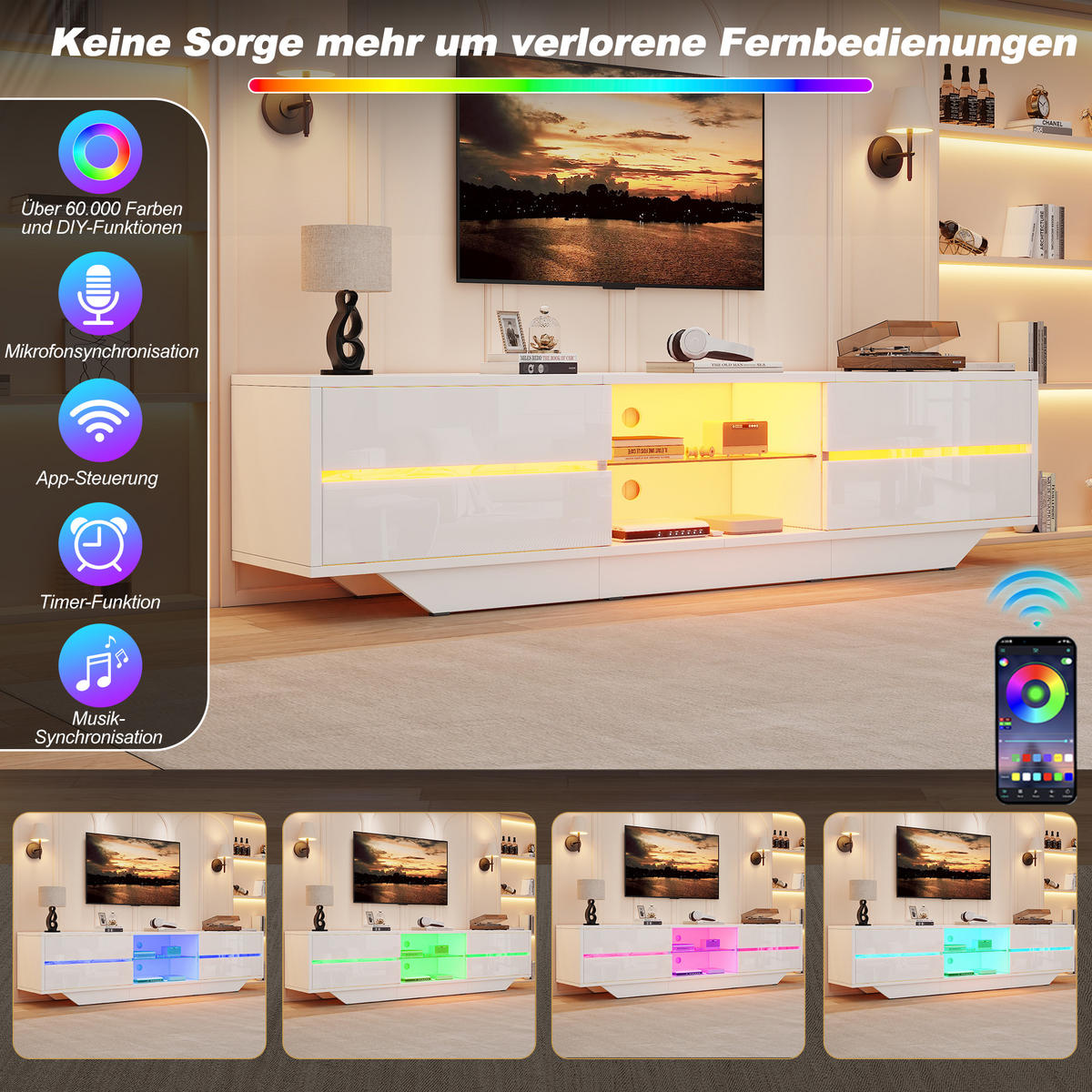 TV-LOWBOARD 160x35x44.5cm Weiß mit LED und 2 Türen - Weiß, Holzwerkstoff (160/44.5/35cm) - FLIEKS