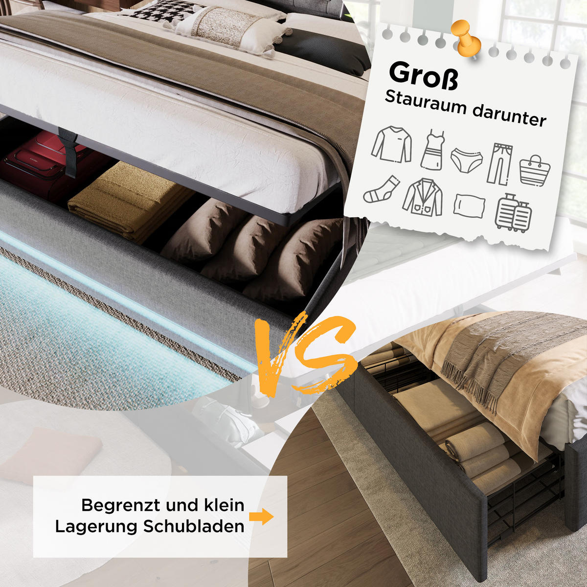 POLSTERBETT 160/200 cm in Grau mit Bettkasten, LED, USB und Type-C Stoff mit Wingback-Design - Grau, Holzwerkstoff/Textil (160/200cm) - STILVORA