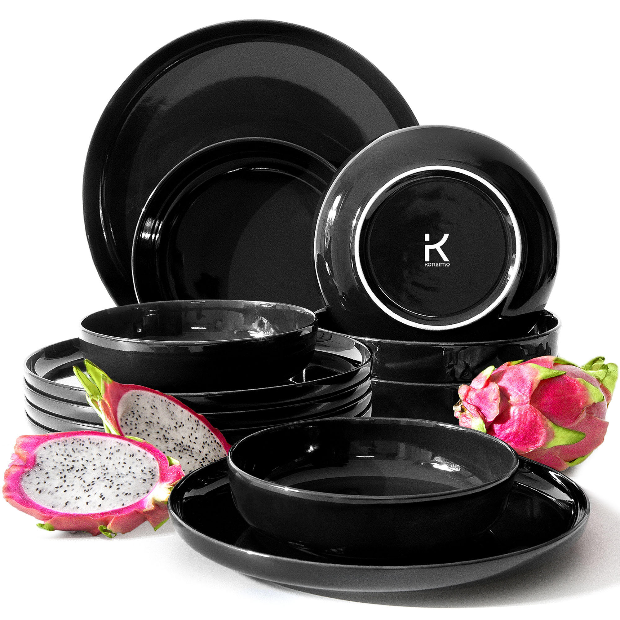 TAFELSERVICE VICTO 6 Personen 12-tlg VICTO - Schwarz Hochglanz, Keramik (27/2/27cm) - KONSIMO®