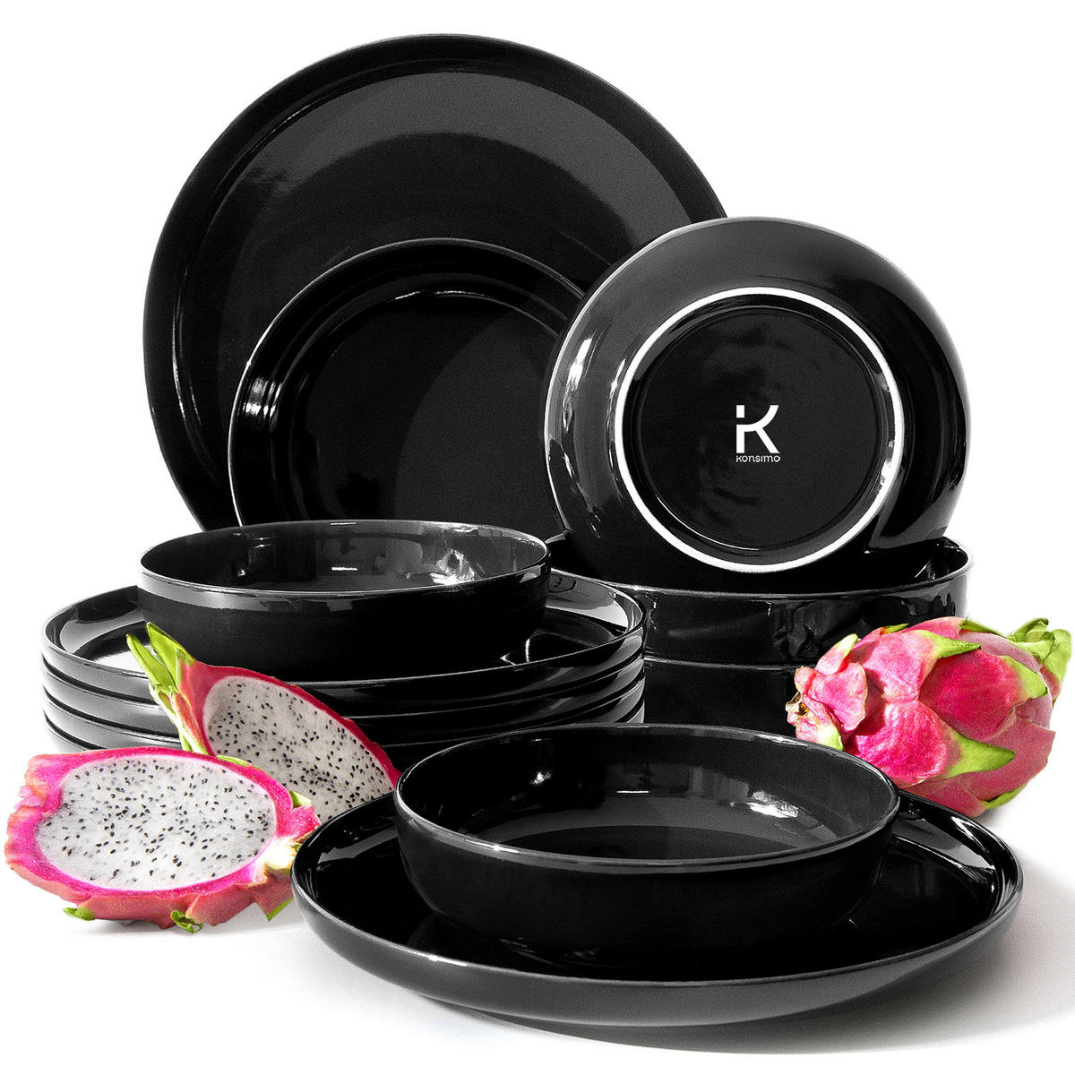 TAFELSERVICE VICTO 6 Personen 12-tlg VICTO - Schwarz Hochglanz, Keramik (27/2/27cm) - KONSIMO®