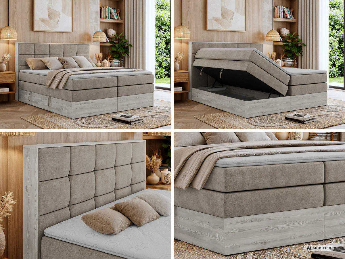 BOXSPRINGBETT ALNOR KING 200/200 - Greige Stukture - Topper Visco - H3 - Greige/Schwarz, Kunststoff/Textil (200/200cm) - MKS