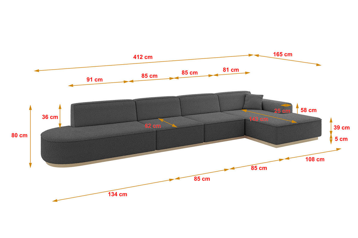 ECKSOFA Ottomane Rechts IREA-L3 - 412x165x80 cm Grau - Olivgrün, Holzwerkstoff/Textil (412/165cm) - ALTDECOR