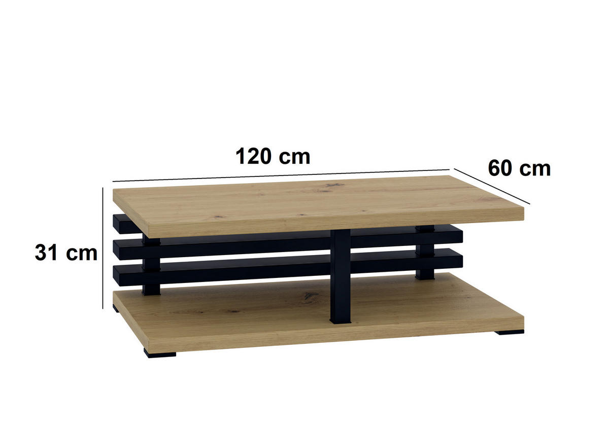 COUCHTISCH rechteckig Eiche Artisan - Schwarz - Eichefarben/Weiß, Holzwerkstoff (60/120/31cm) - designimpex
