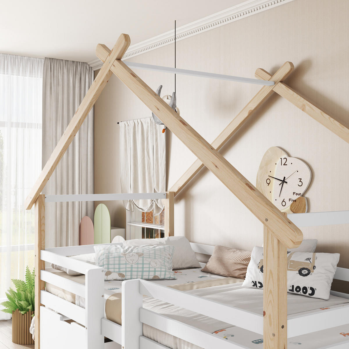 HAUSBETT 90/200 cm in Weiß/Natur – halbhoch mit Dach, Treppe und 2 Schließfächern - Weiß, Holzwerkstoff (90/200cm) - BEAOK