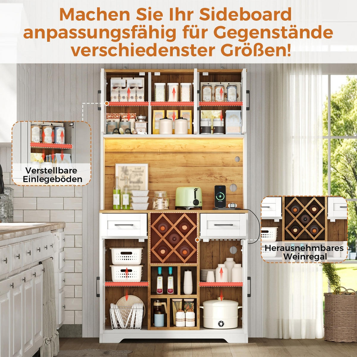 KÜCHENSCHRANK MIT LED-BELEUCHTUNG UND STECKDOSE, mit Weinregal, MDF, Scheunentor-Design, für Esszimmer, 105/40/180 cm - Naturfarben, Kunststoff (40/180/105cm) - Rolipo