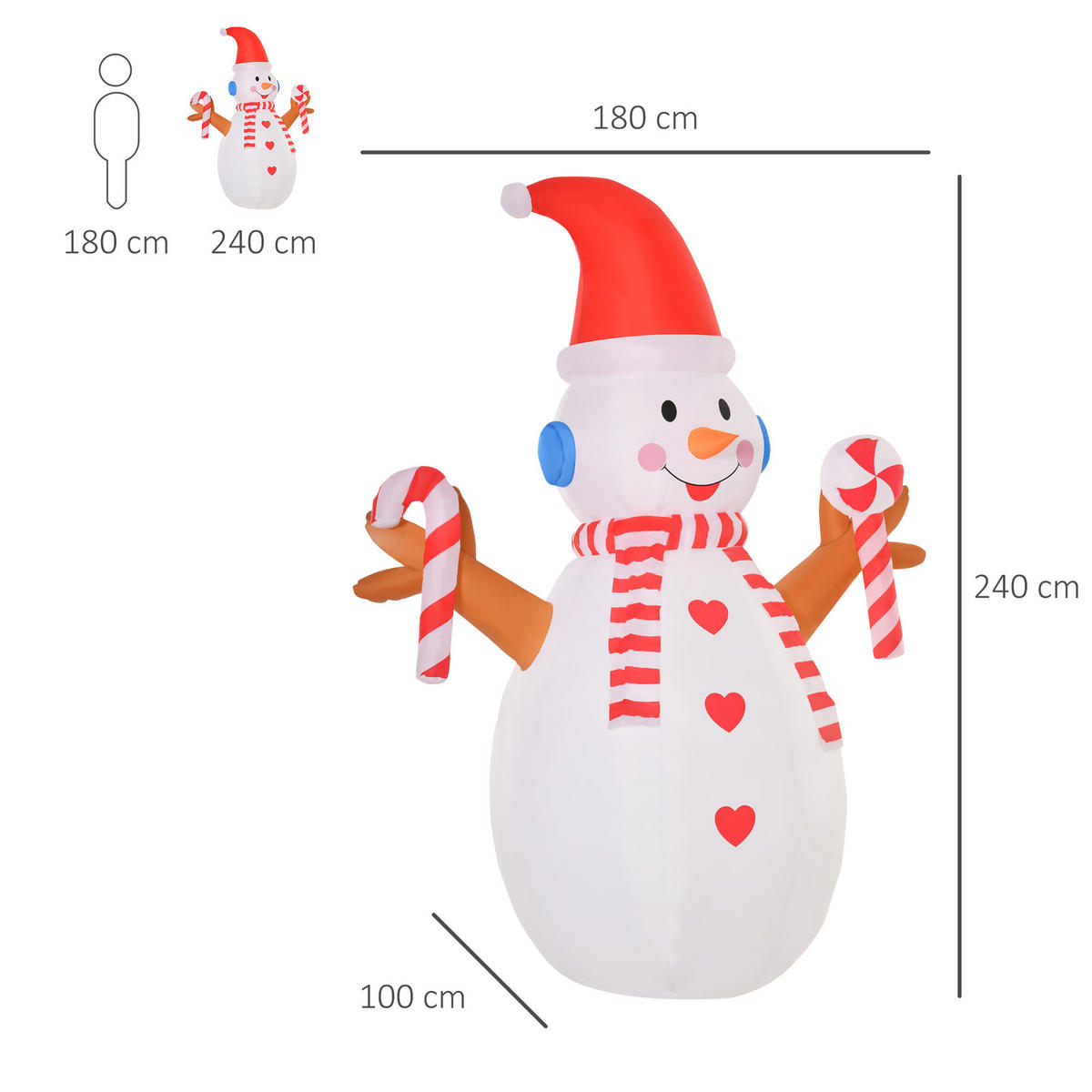 AUFBLASBARER Schneemann, Polyestertuch, Weiß+Rot - Multicolor, Kunststoff (100/240/180cm) - HOMCOM