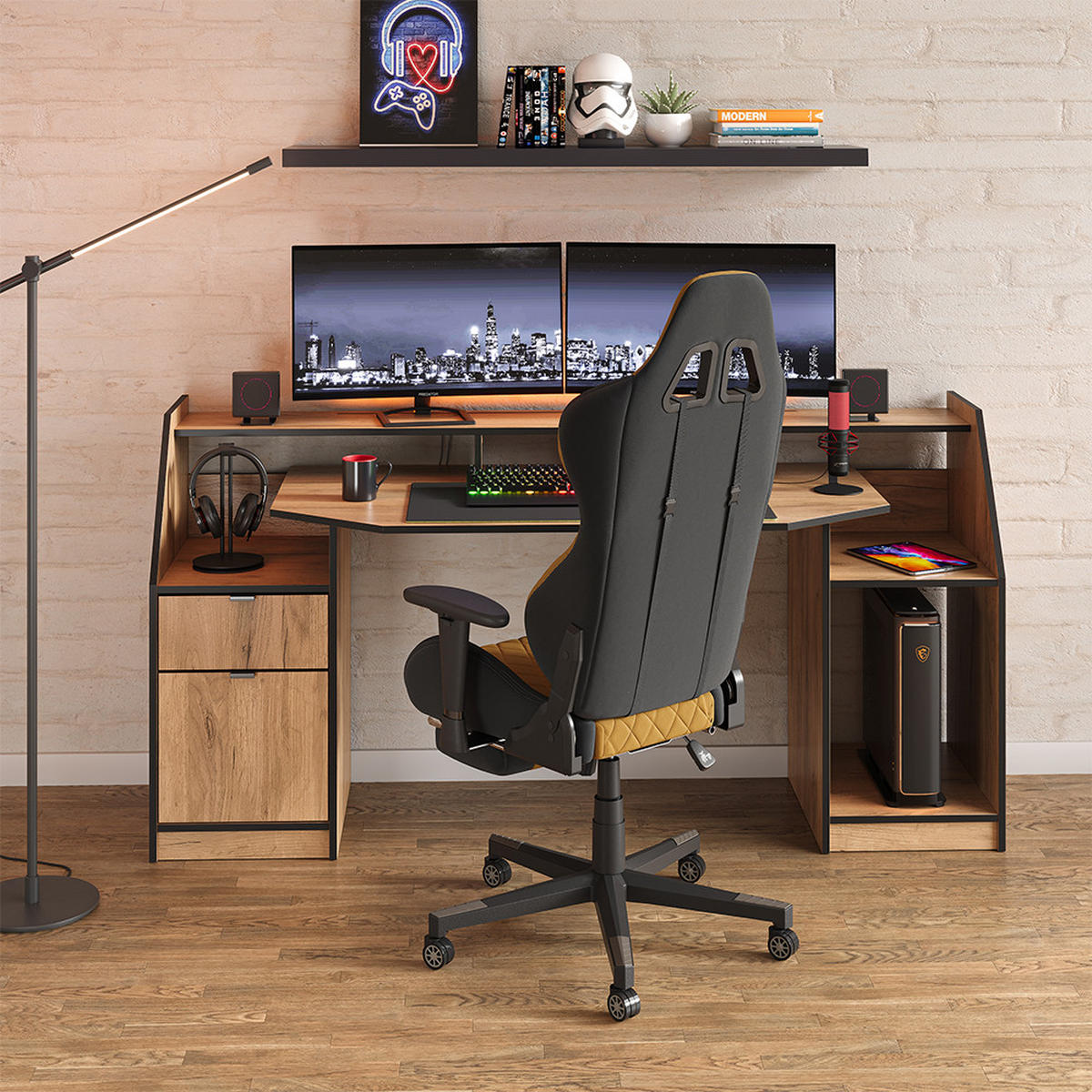 GAMING-TISCH Joel Goldkraft Eiche 179.8 x 65.5 cm mit 1 Schublade und 1 Tür - Honigeiche, Holzwerkstoff (65.5/179.8/90.6cm) - Vicco
