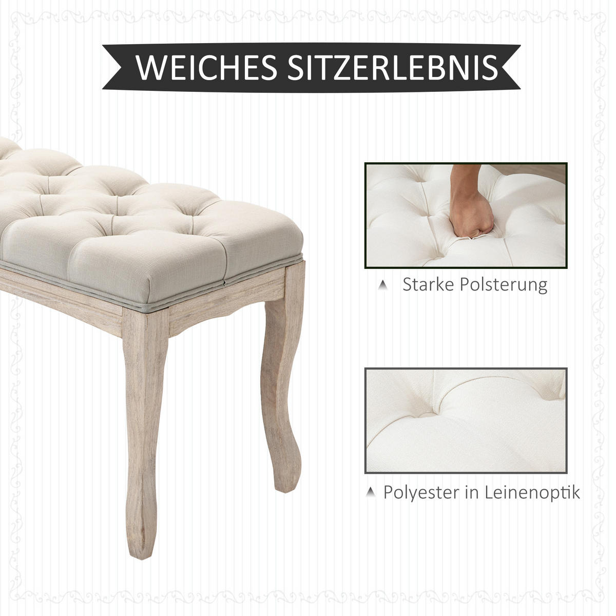 POLSTERBANK Sitzbank Truhenbank Schuhbank Vintage Gummiholz Leinen Beige - Beige, Kunststoff (40/48/110cm) - HOMCOM