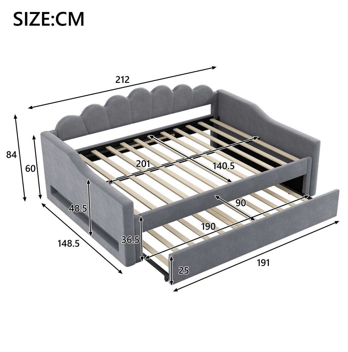 POLSTERBETT 140/200 cm Grau mit LED-Beleuchtung und Ausziehbett - Grau, Holzwerkstoff (140/200cm) - OKWISH