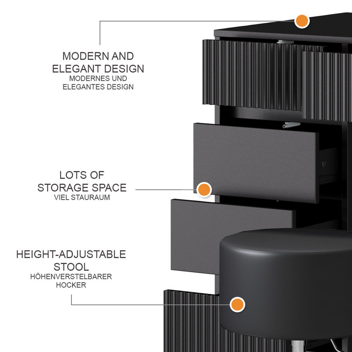 SCHMINKTISCH Omira Schwarz 120 cm mit Hocker - Schwarz, Holzwerkstoff (120/76/55cm) - Vicco