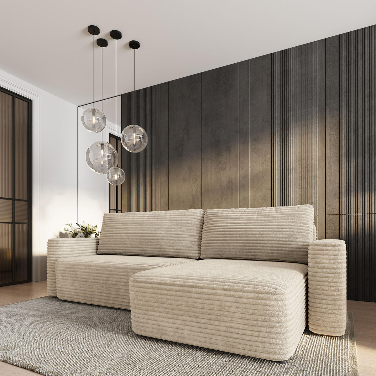 ECKSOFA TELIN Creme Kordstoff mit Schlaffunktion - Creme, Holz (280/162cm) - MASSENO