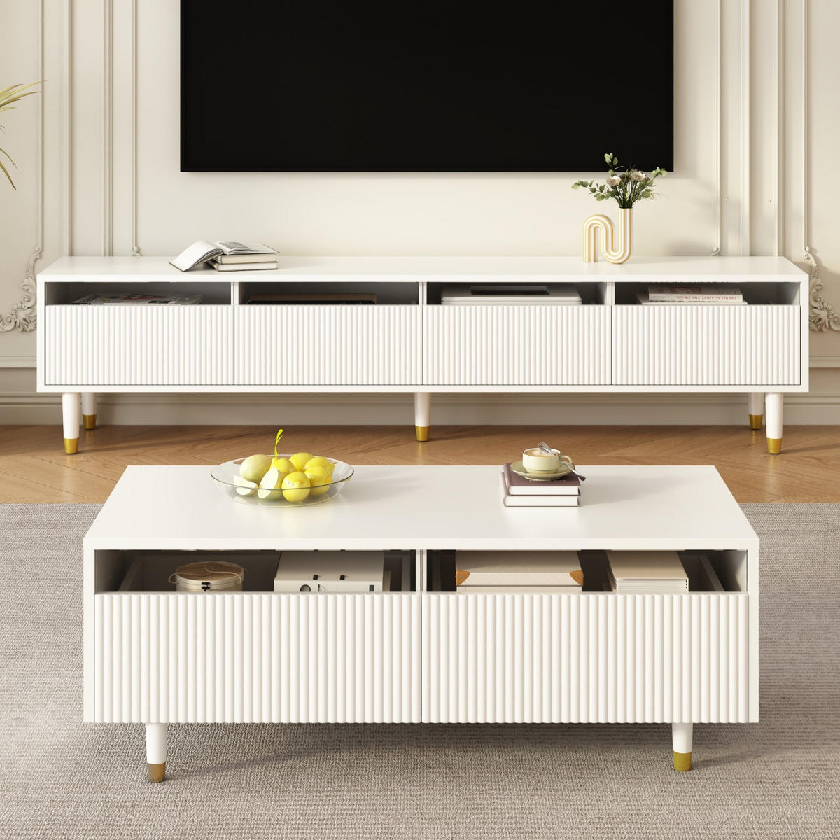 COUCHTISCH Weiß mit LED, Wellendesign und goldfarbenen Beinen - Weiß, Metall (110/50/40cm)